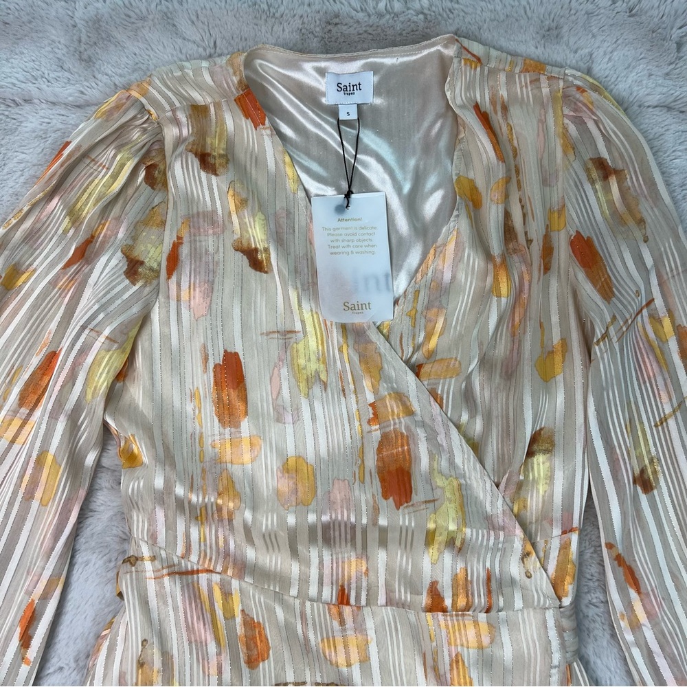 Saint Tropez Elegant Orange Gold Patterned Wrap Dress Size Small New with Tag - Picture 5 of 14